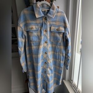 Mystree Blue Plaid Wool Blend Oversized Shacket Jacket - Size Medium